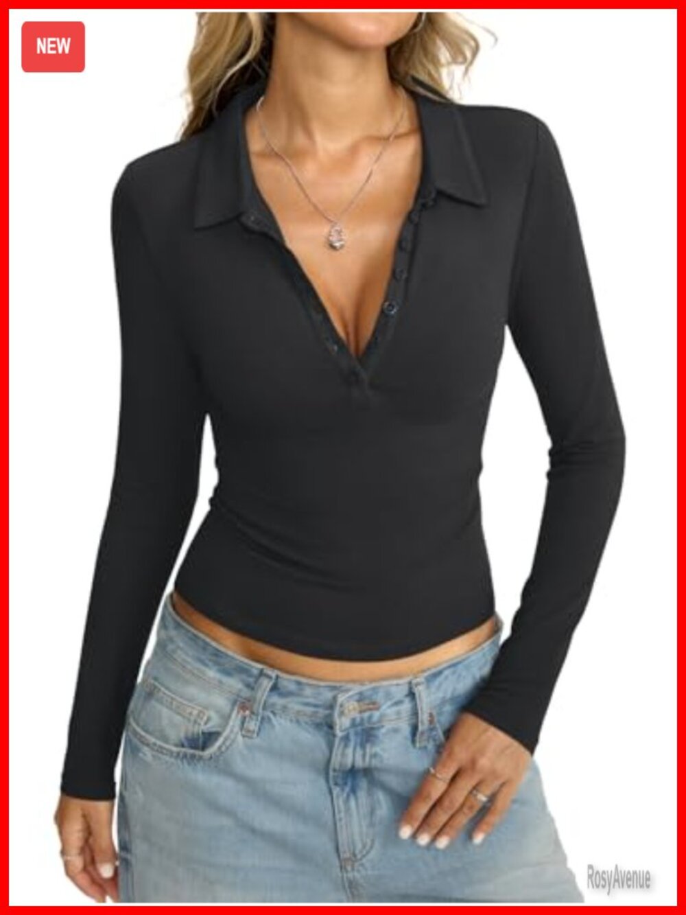 Womens Stretch Cotton Long Sleeve Polo Shirt Button V-Neck Work Top